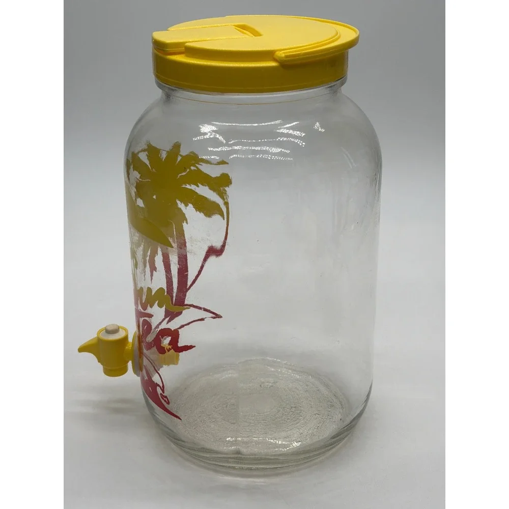 Vintage Sun Tea Glass Beverage Dispenser Palm Tree Tropical Retro 1 Gallon Jar